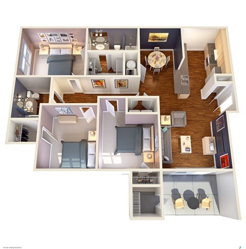 Floor plan for 3 beds, 2 baths, 1228 sqft